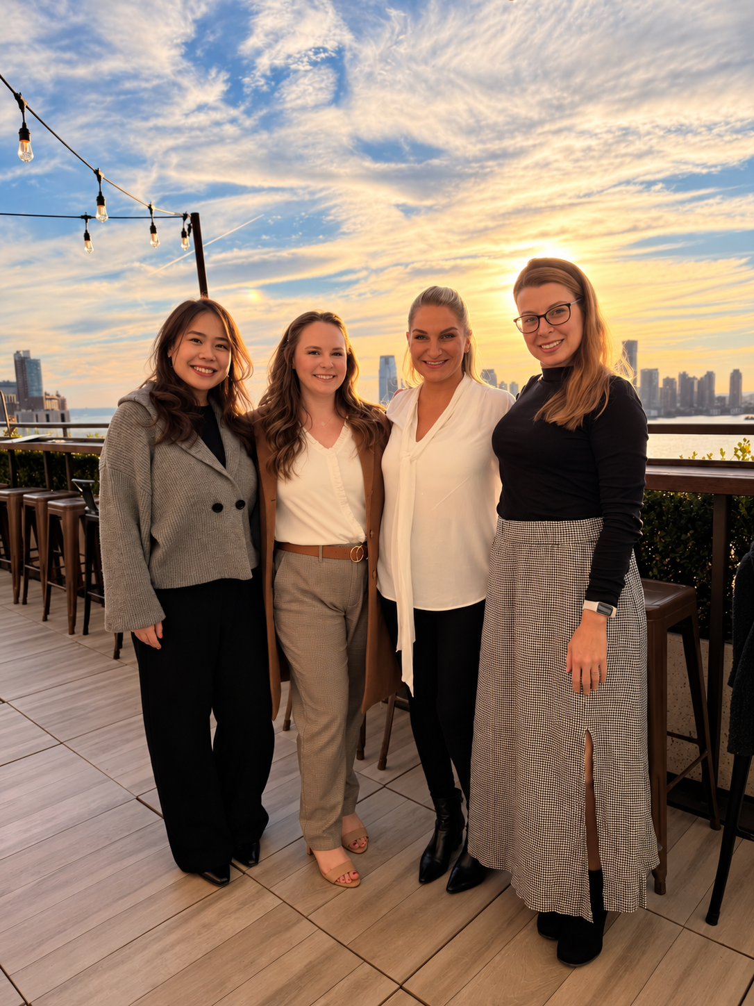 The CORY team together on a rooftop at sunset with the city skyline behind them
